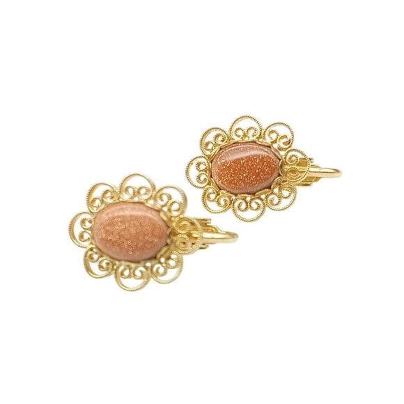 Vintage Gold-Tone Filigree Clip-On Earrings with Oval Goldstone Cabochon - Picture 2 of 4